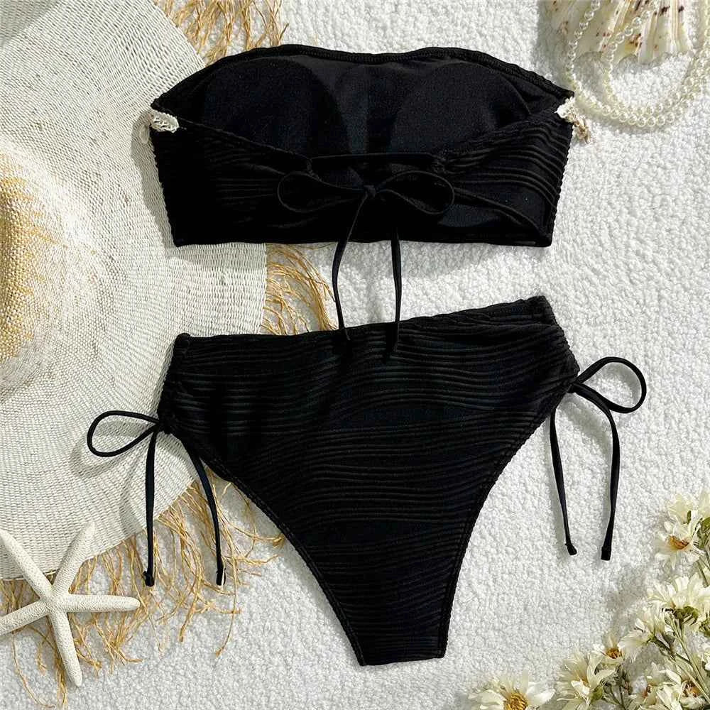 Shell Starfish Edge Bandeau Bikinis Sets Yellow Texture Solid Swimwears Sexy Swimsuit Women 2026 Lace-up Bathing Suit Bikini