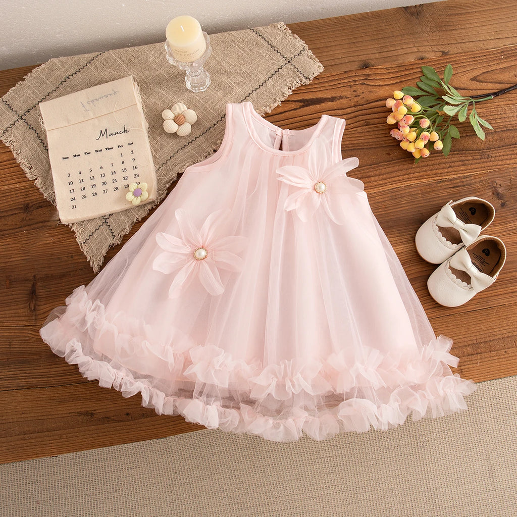 Baby Girl Pink Dress Flower Sweet Sleeveless Feather Gauze Princess Dress Wedding Party Dress for Kids Girl
