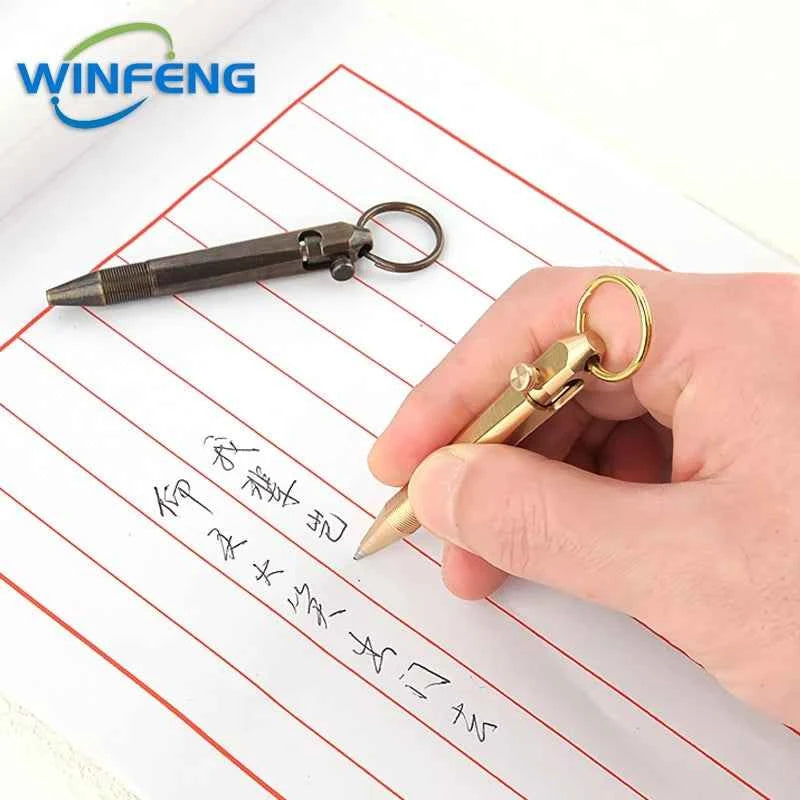 Mini Brass Bolt Action Tactical Pen Keychain Business Signature Ballpoint Pen for Self Defense School Student Office Stationery