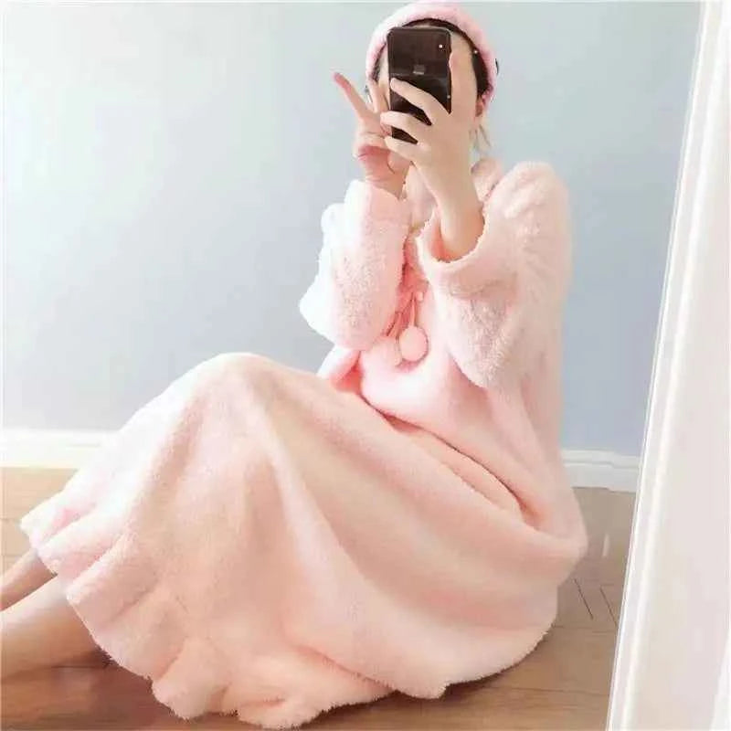 2025 Winter Long Sleeve Thick Warm Flannel Nightgowns for Women Korean Cute Coral Fleece Sleepwear Night Dress Nightdress Nighty