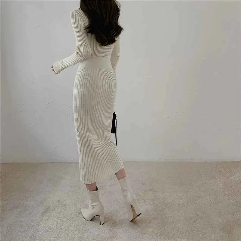 Autumn Winter Sweater Dress For Women 2024 New Arrivals Buttons Up V Neck High Waist Long Knitted Dress Korean Maxi Dresses