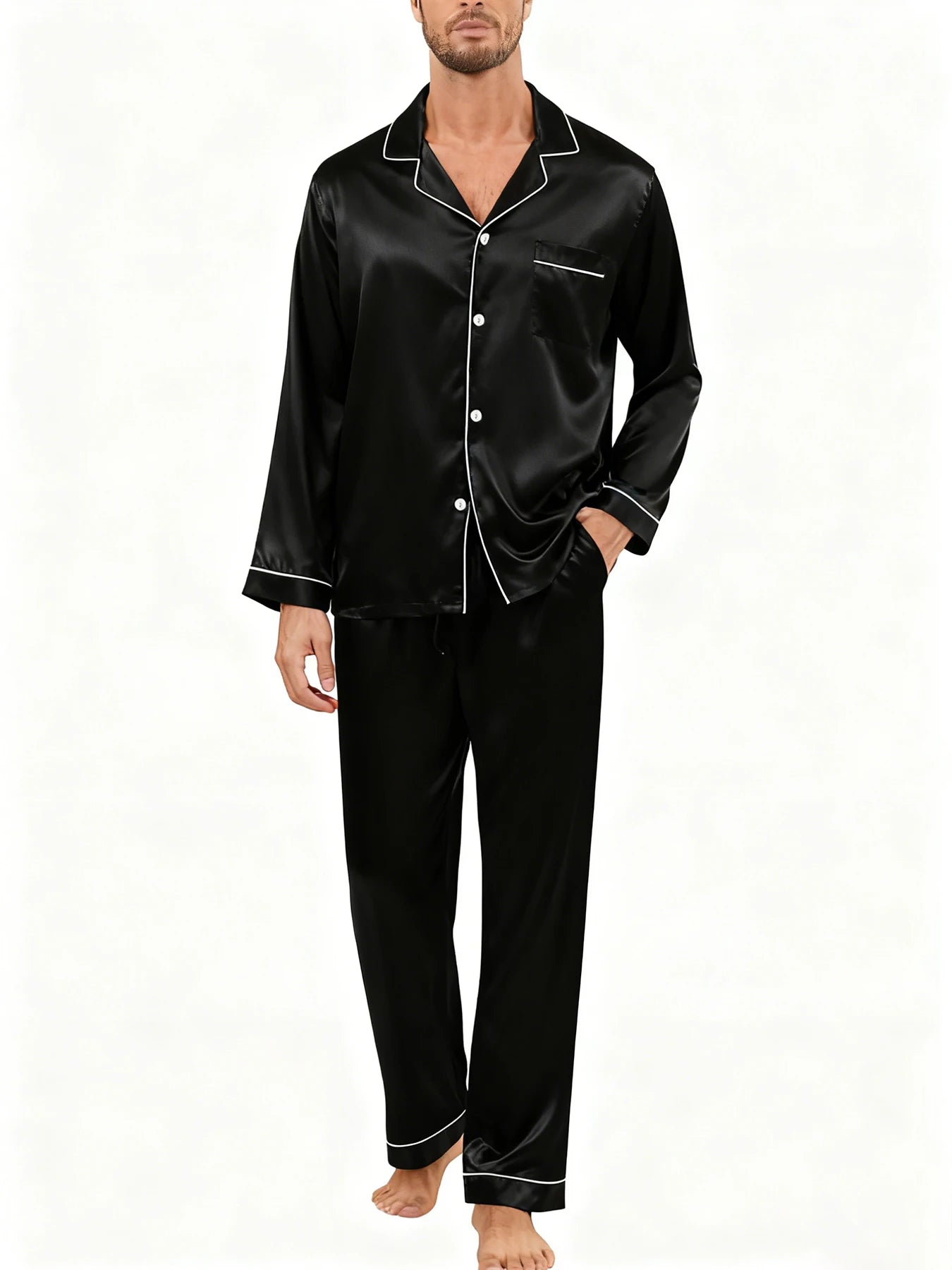 Men's Luxury Pajama Set with Contrast Trim Long Sleeve and Pockets Pants Comfortable Loose-Fit Pajamas for Men Sleepwear Sets