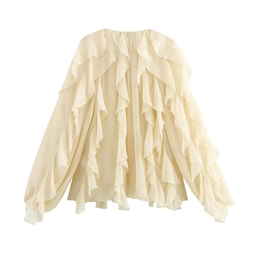 Women Casual Ruffled Shirt Women Loose Lace Up Hollow Out V Neck Tops Spring Blouses Women Clothes 4786063