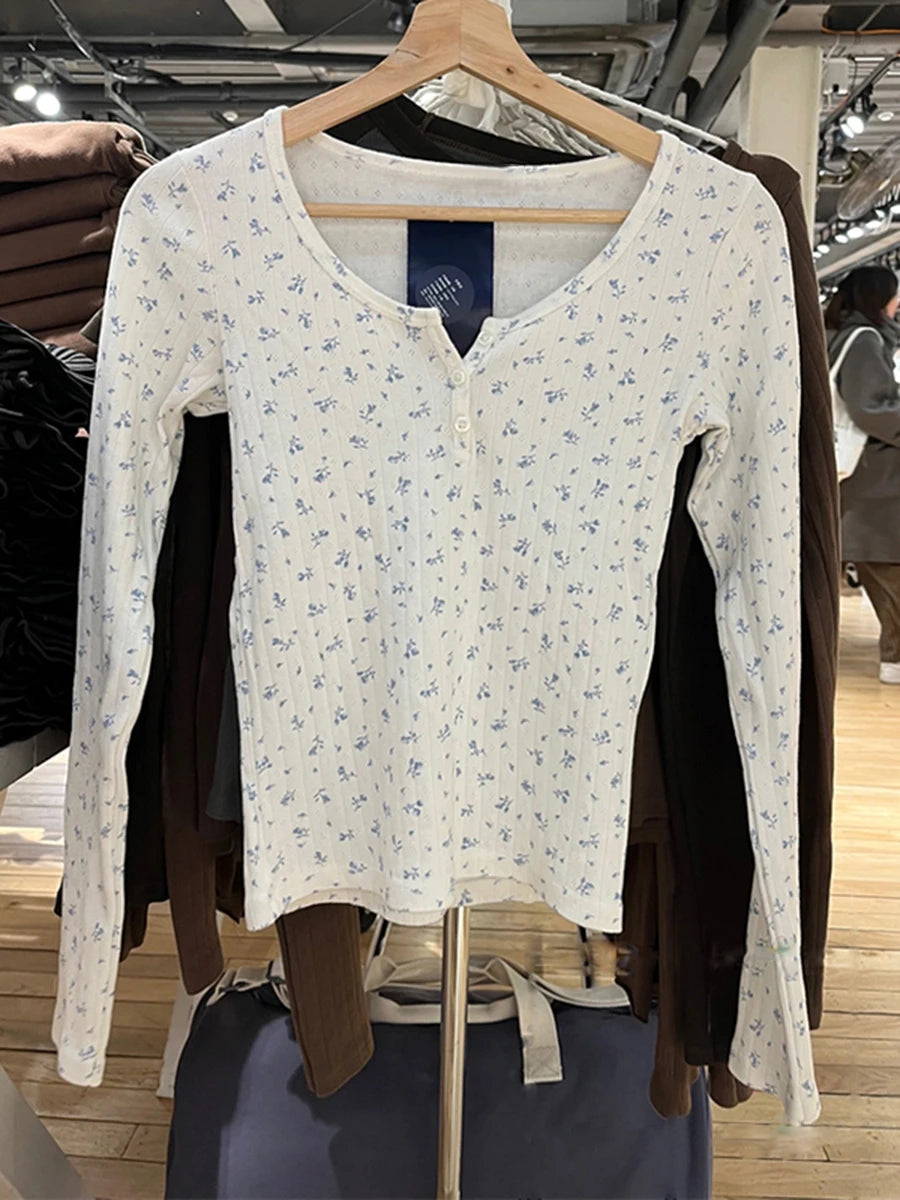 Hollow Out Pink Long Sleeve T-Shirt Summer Round Neck Buttons Cotton Slim Sexy Top for Woman Vintage Sweet Cute Y2K Tops Chic