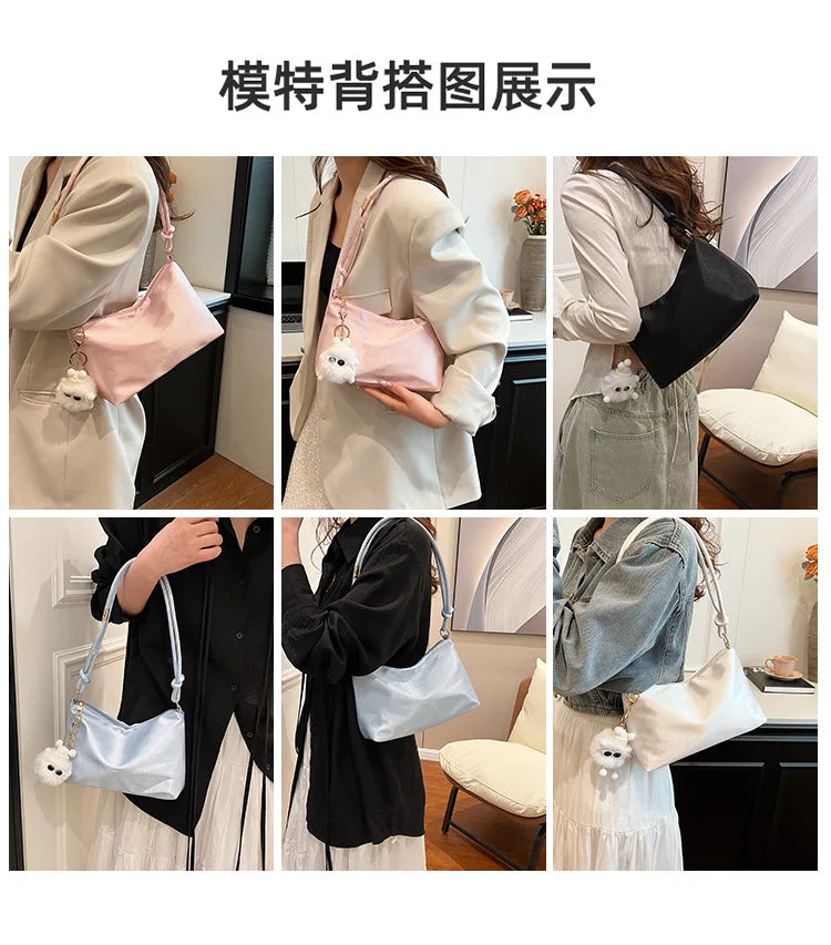 High Quality Solid Color Fashion Elegant Shoulder Bag Smooth Cloth Satin Underarm Bag Leisure Shoulder Bag Lady Handbags Purse