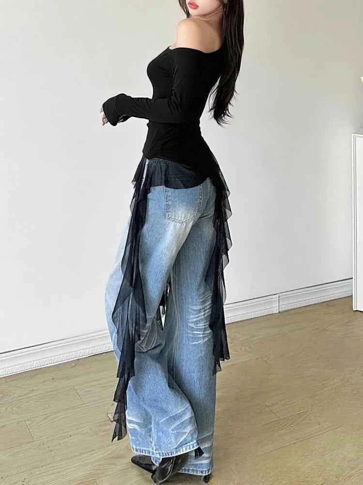 Lace Ruffles Tassel Off shoulder Long sleeve T shirt Women Sweet Gentle Basic Top Tees Shirt Sexy 2025 New