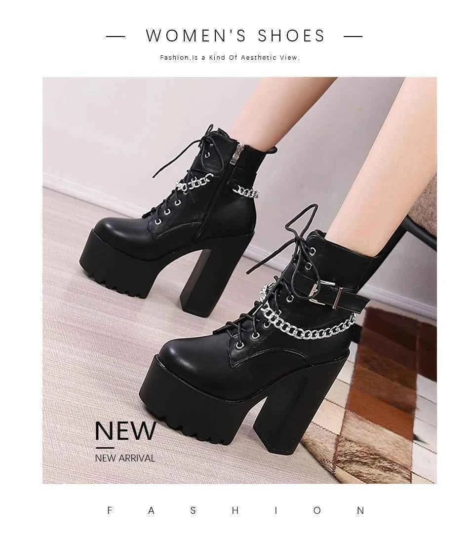 Gdgydh Gothic Buckle Strap Ankle Boots Women Faux Leather Platform Block Chunky Heels Chain Ultra High Heels Motorcycle Boots