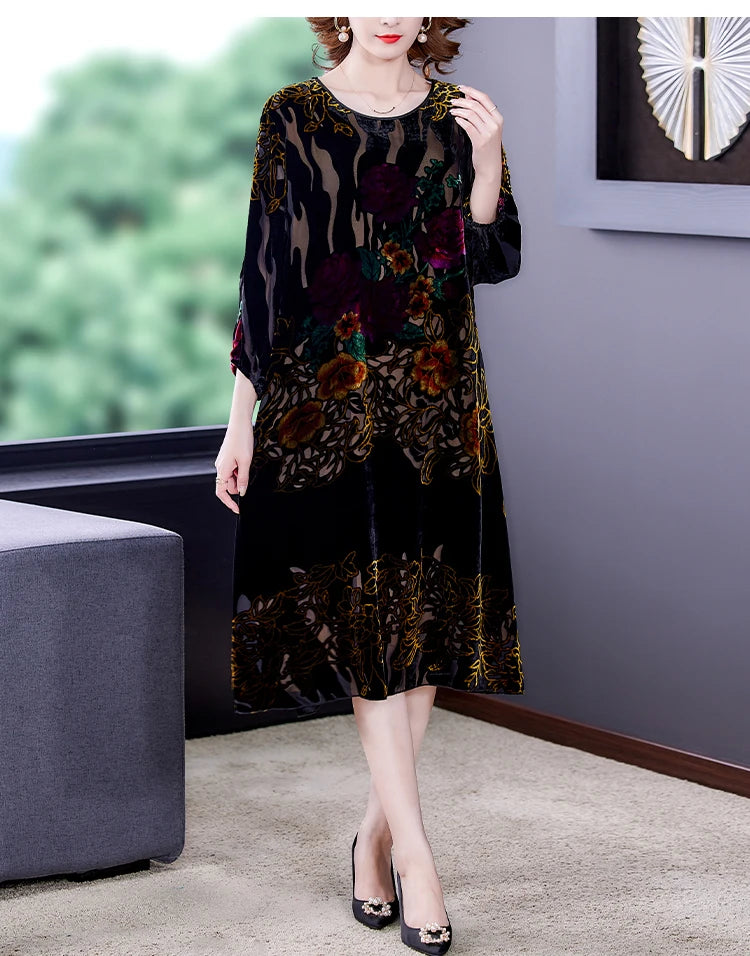 Large Size Gold Velvet Dress Women's Autumn New High-End Mulberry Silk Burnt Flower Dress Luxurious Temperament Vestidos