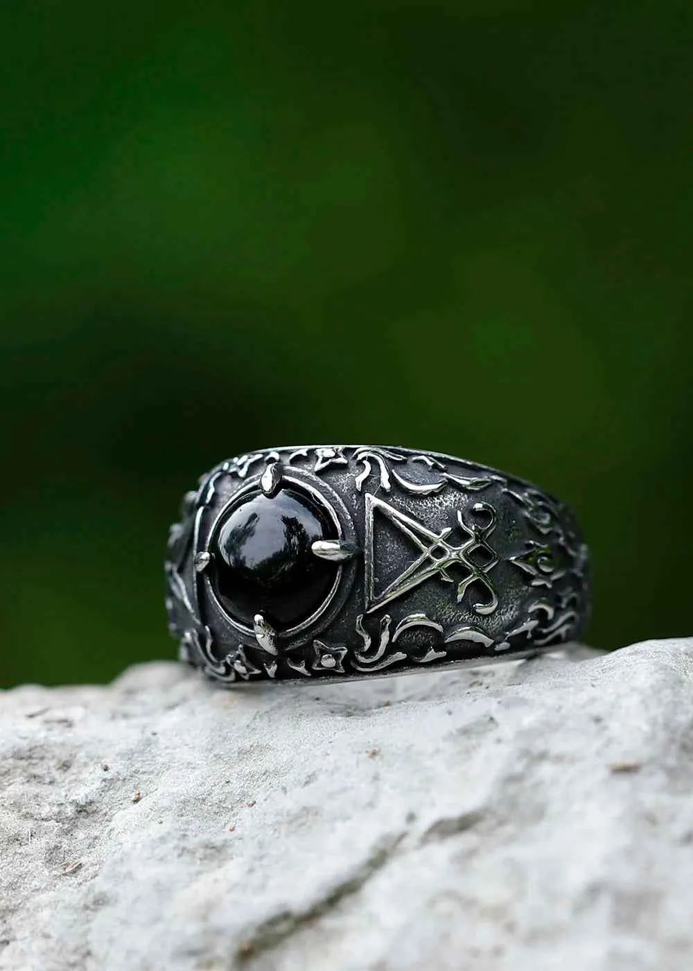 2023 New Updated Design Lucifer Satan Signet Ring For Men With Black Stone Stainless Steel Vintage Jewelry Gift free shipping