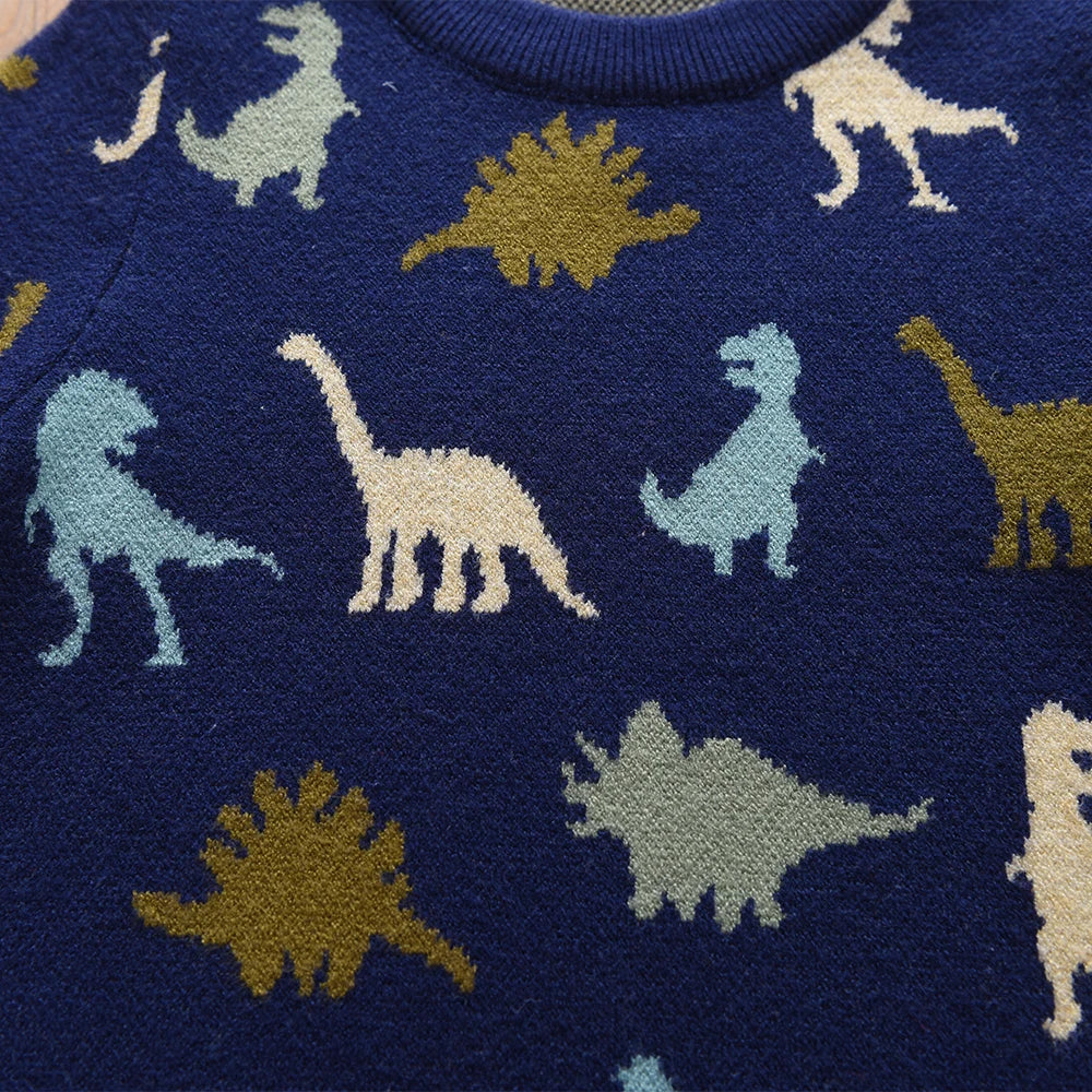 Boys' Navy Blue Dinosaur Printed Knitted Sweater 2-6Y Cute Pattern Pullover Toddler Autumn/Winter Top
