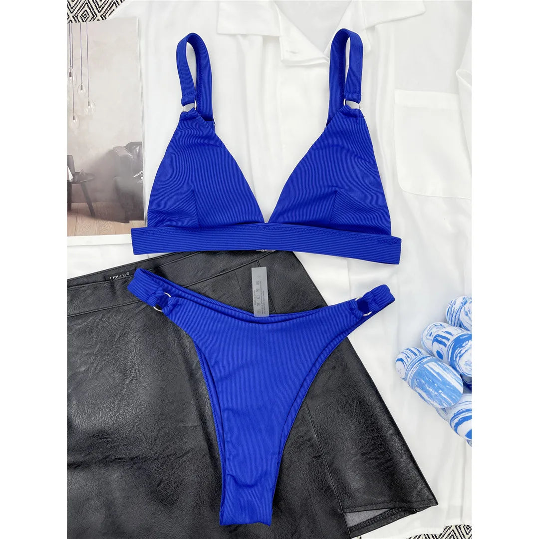 Sexy High Leg Cut Ribbed Bikini Women Swimwear Female Swimsuit Two-pieces Bikini set Padded Bather Bathing Suit Swim Lady V3255