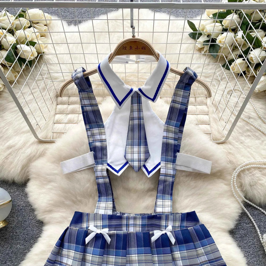 Girls Sexy Cute Japanese JK Uniform  Mini Checkered Strap Skirt Off Shoulder High Waist Elastic Cosplay Dress Hot Sweet Pajama