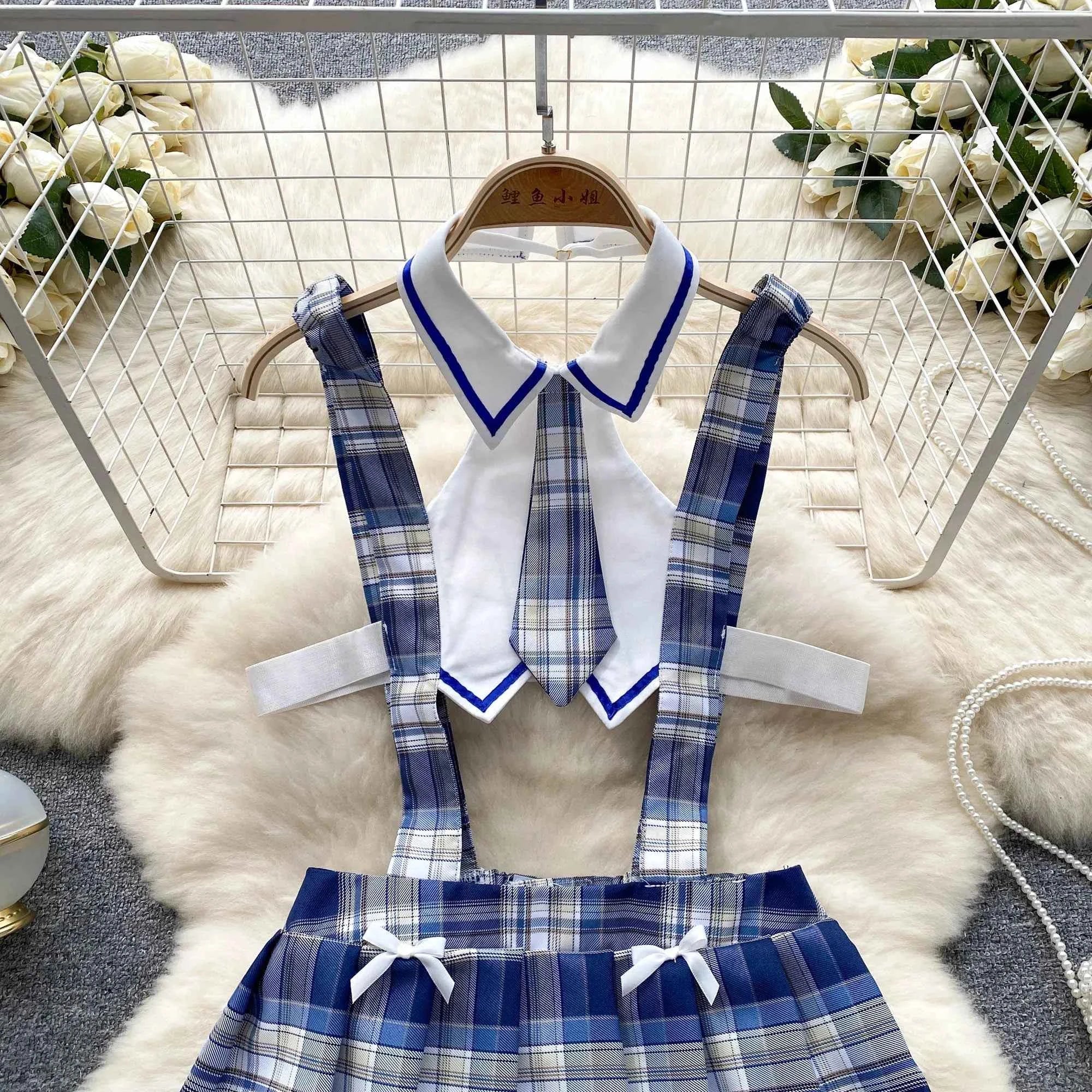 Girls Sexy Cute Japanese JK Uniform  Mini Checkered Strap Skirt Off Shoulder High Waist Elastic Cosplay Dress Hot Sweet Pajama