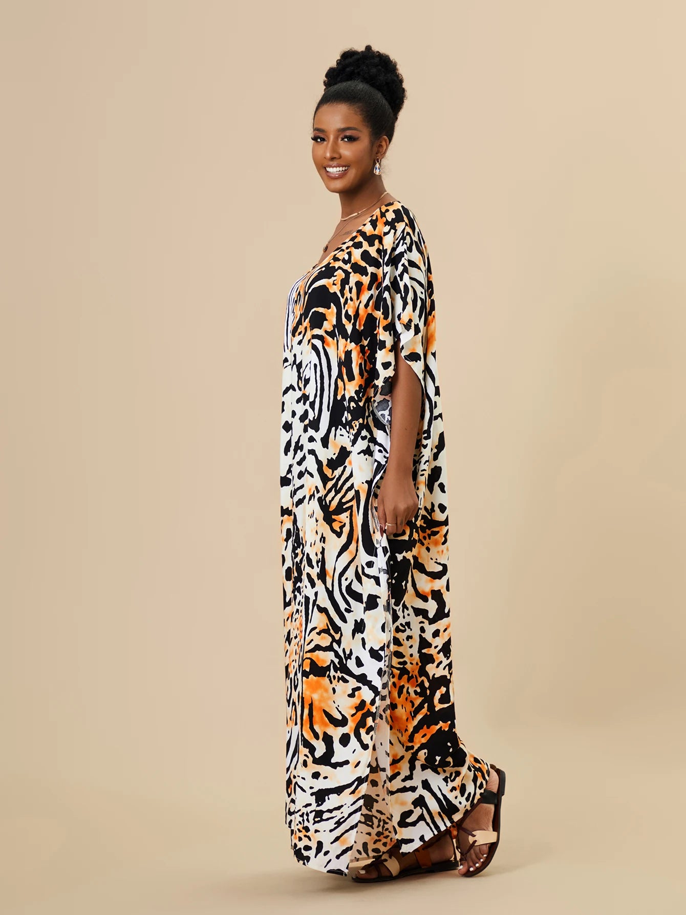 EDOLYNSA 2023 Bohemian Printed Loose Kaftan Casual Summer Vacation Maxi Dress Women Clothing Beach Wear Swim Suit Cover Up Q1469