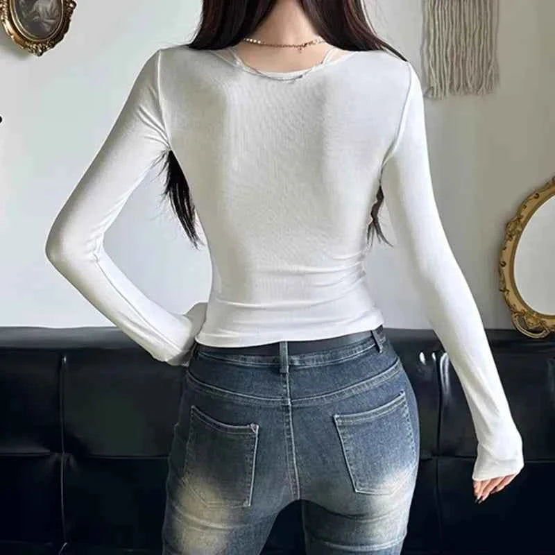 Pure desire sweet style bow hanging neck Korean V-neck lace top versatile slimming solid color long sleeved T-shirt