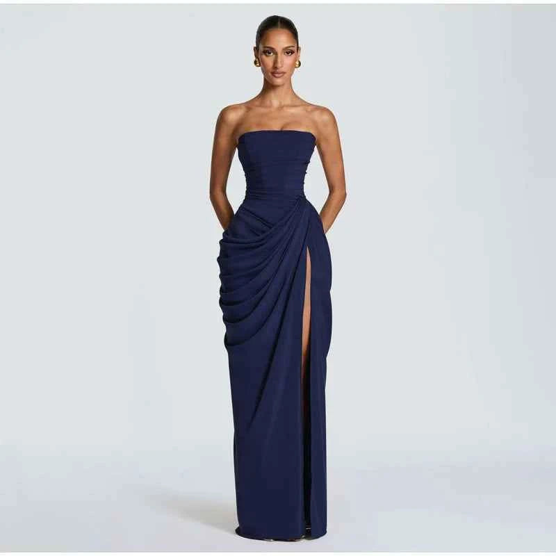 Lady Sexy Strapless Split Solid Pleated Dress Women Chic Backless High Waist Off-shoulder Dresses 2026 New Evening Party Gowns
