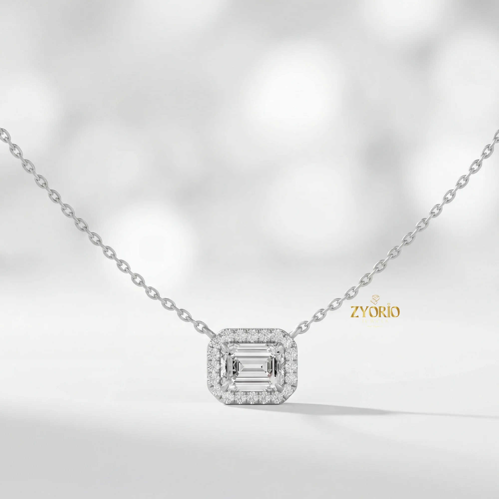 Sterling Silver Emerald Cut Halo Lab Grown Diamond Pendant Necklace Women Elegant Engagement Jewelry Custom OEM ODM