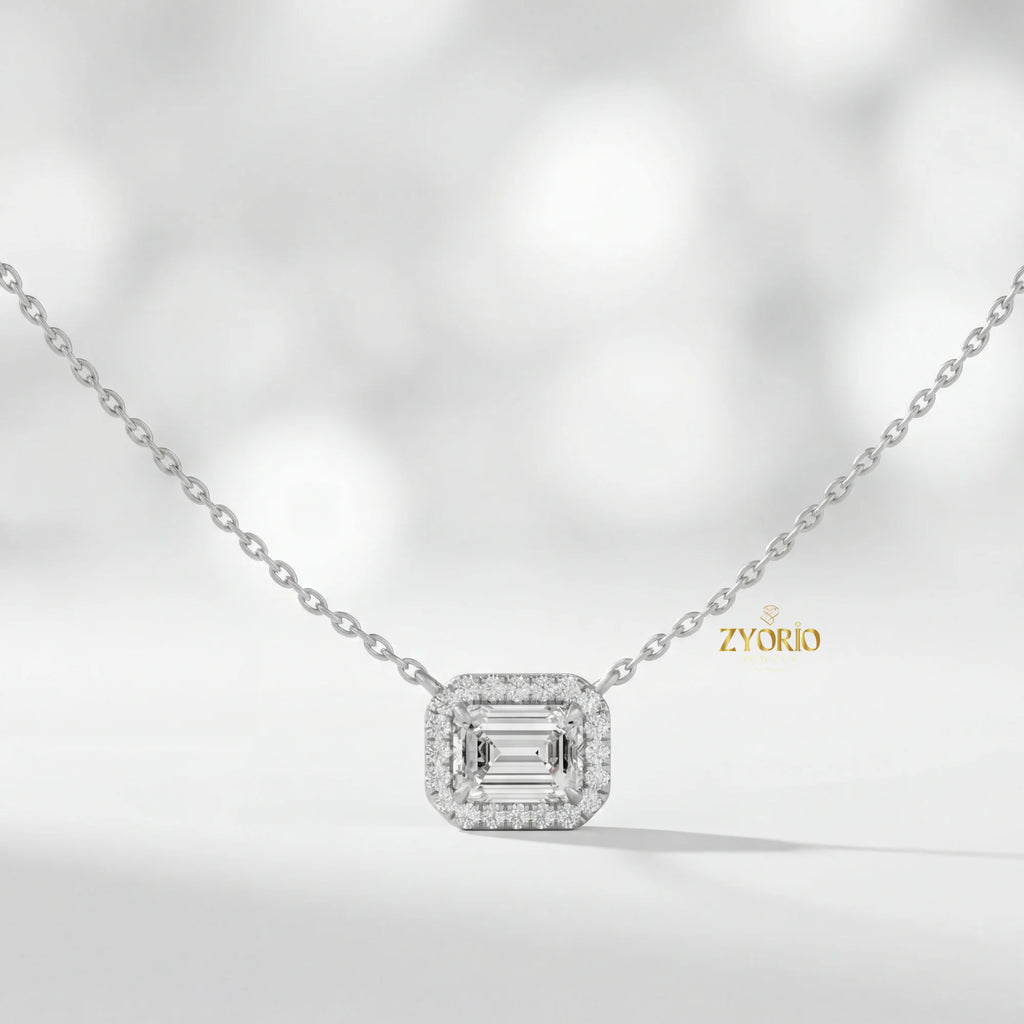 Sterling Silver Emerald Cut Halo Lab Grown Diamond Pendant Necklace Women Elegant Engagement Jewelry Custom OEM ODM