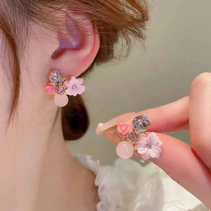 Colorful Flower Earrings Imitation Pearl Geometric Stud Earrings For Women Sweet Elegant Earrings For Party Banquet Jewelry Gift