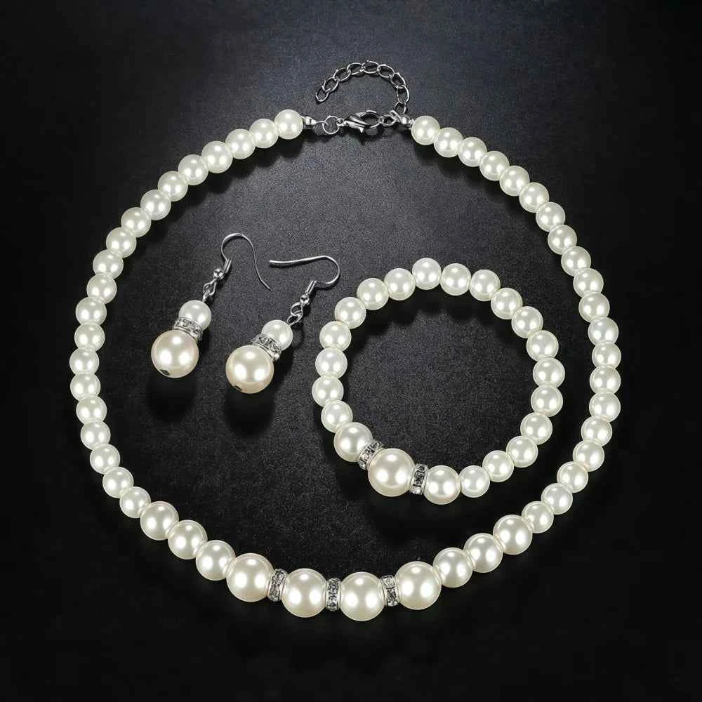 3 PCS Imitation Pearl Fireball Necklace Bracelet Earring Stud Jewelry Set Silver Color Crystal Stone Elegant Bridal Jewelry Gift