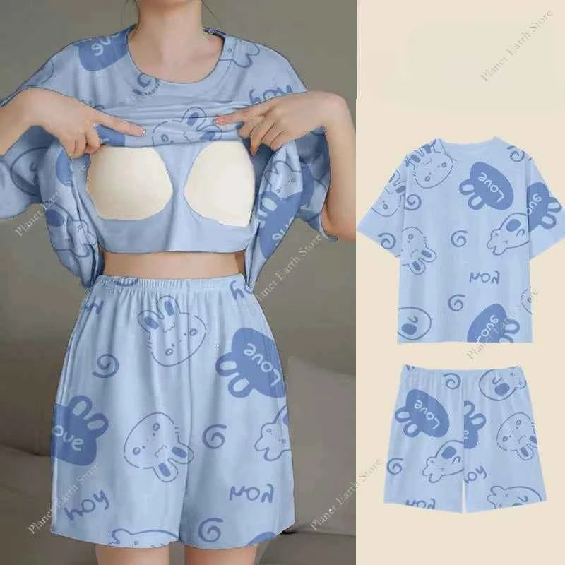 Summer Women's Pajamas Set Sleepwear 2 PCS - Short Tank Tops and Shorts with Chest Pad Womens Printing Pyjama Home Leisure Suit