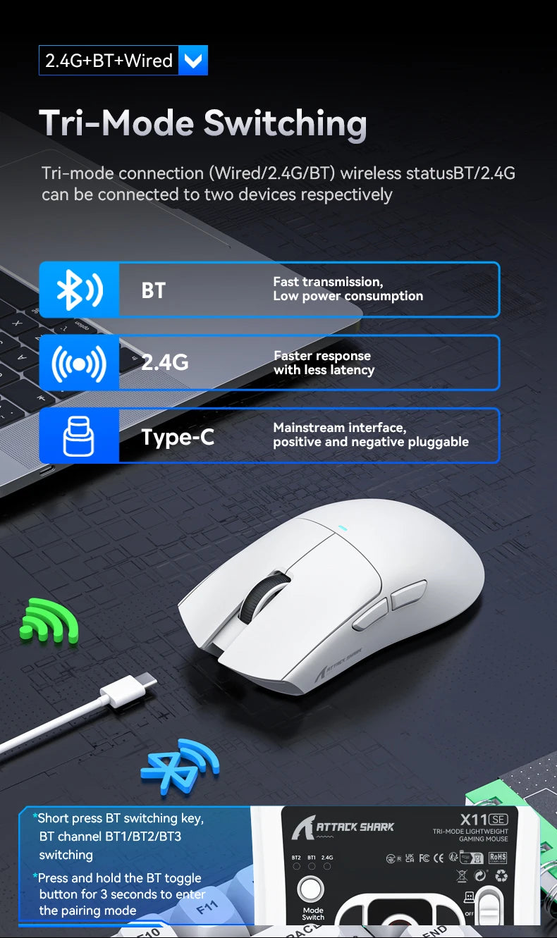 Attack Shark X11 & X11se Wireless Gaming Mouse,Bluetooth Tri-Mode Connection, PixArt PAW3311,Touch Magnetic Charging Base