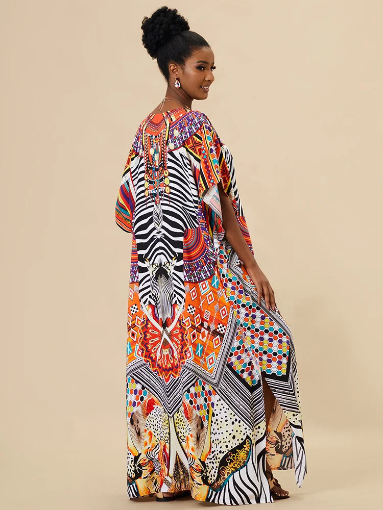 EDOLYNSA 2023 Bohemian Printed Loose Kaftan Casual Summer Vacation Maxi Dress Women Clothing Beach Wear Swim Suit Cover Up Q1469