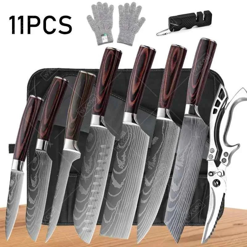 WXCOO Chef Knife Japanese Kitchen Knives Set Professional Laser Damascus Pattern Stainless Steel Meat Cleaver Slicer Knife