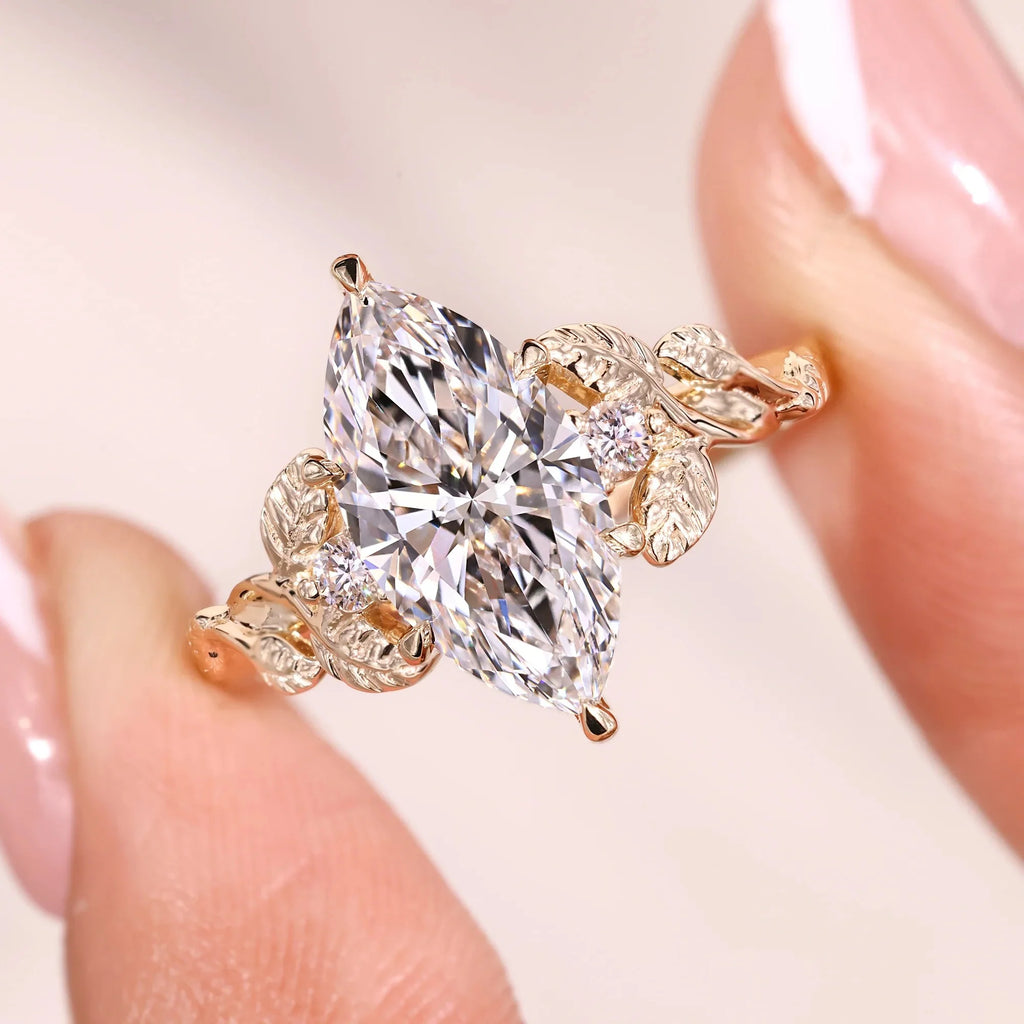 Three Stone Nature Inspired Marquise Cut Diamond Engagement Wedding Ring 2.06 Carat Lab-Grown Gold Plated