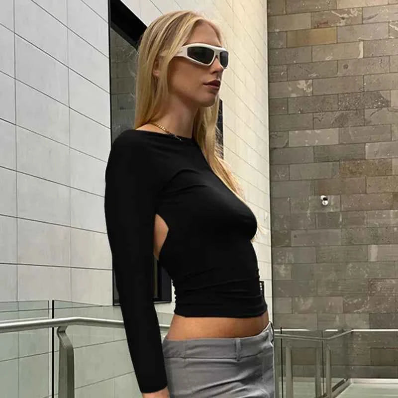 Backless Short Sleeve Blue Y2K Crop Top Women Casual O Neck  Summer T Shirts Sexy Vintage Cut Out