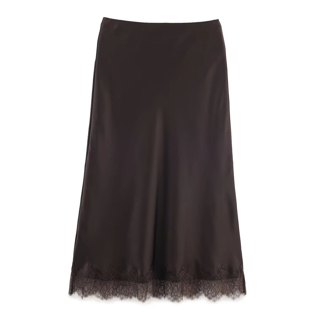 SAW Independent Station Sexy Lace Patchwork Satin Feel Mini Skirt Autumn Fashion Trendy Polyester Fiber Long A-Line Skirt