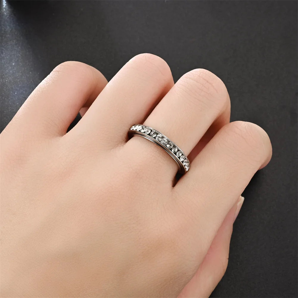 4MM Spinner Finger Rings For Women Crystal Rotatable Wedding Stainless Steel Ring Men Korean Anniversary Party Jewelry