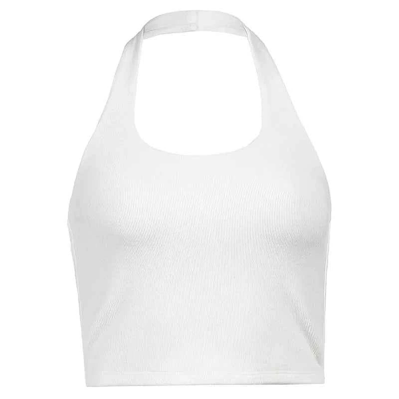 Women's Sexy Spice Hanging Neck Backless Small Suspenders Slim Short Neckline Solid Color Threaded Peplum Short Tops