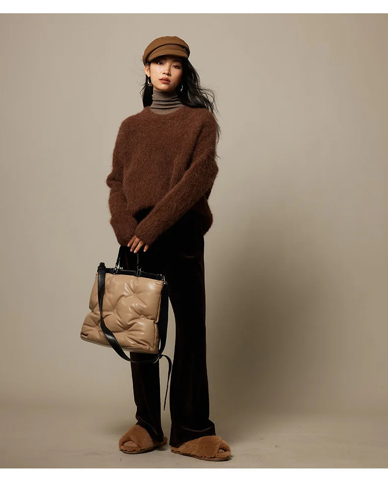 SuyaDream Warm Alpaca Pullovers for Woman, Dropped Sleeved Loose Sweaters, 2025 Fall Winter Top, Camel, Beige