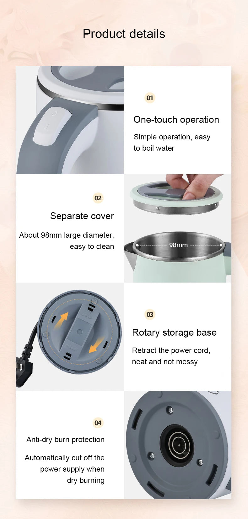110V/220V Travel Electric Kettle MINI Boiling Teapot Cup Heater Portable Stainless Steel 0.8L Hot Water Quick Heating Pot Boiler
