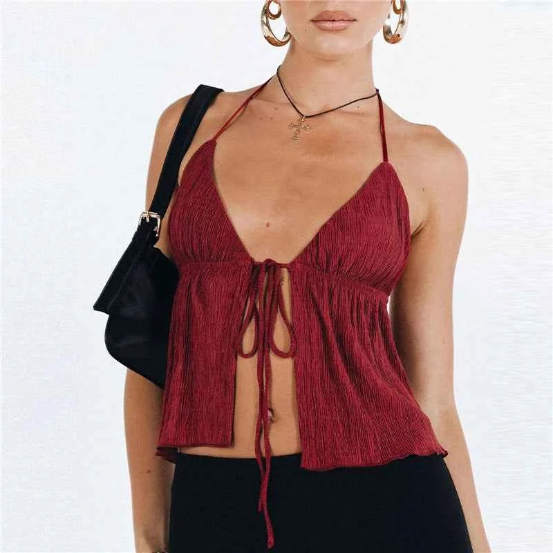 Sexy Summer Cami Top Bowknot Lace-Up Sleeveless Cropped Vest Elegant Youth Clothes Women Fashion Off Shoulder 2024 New