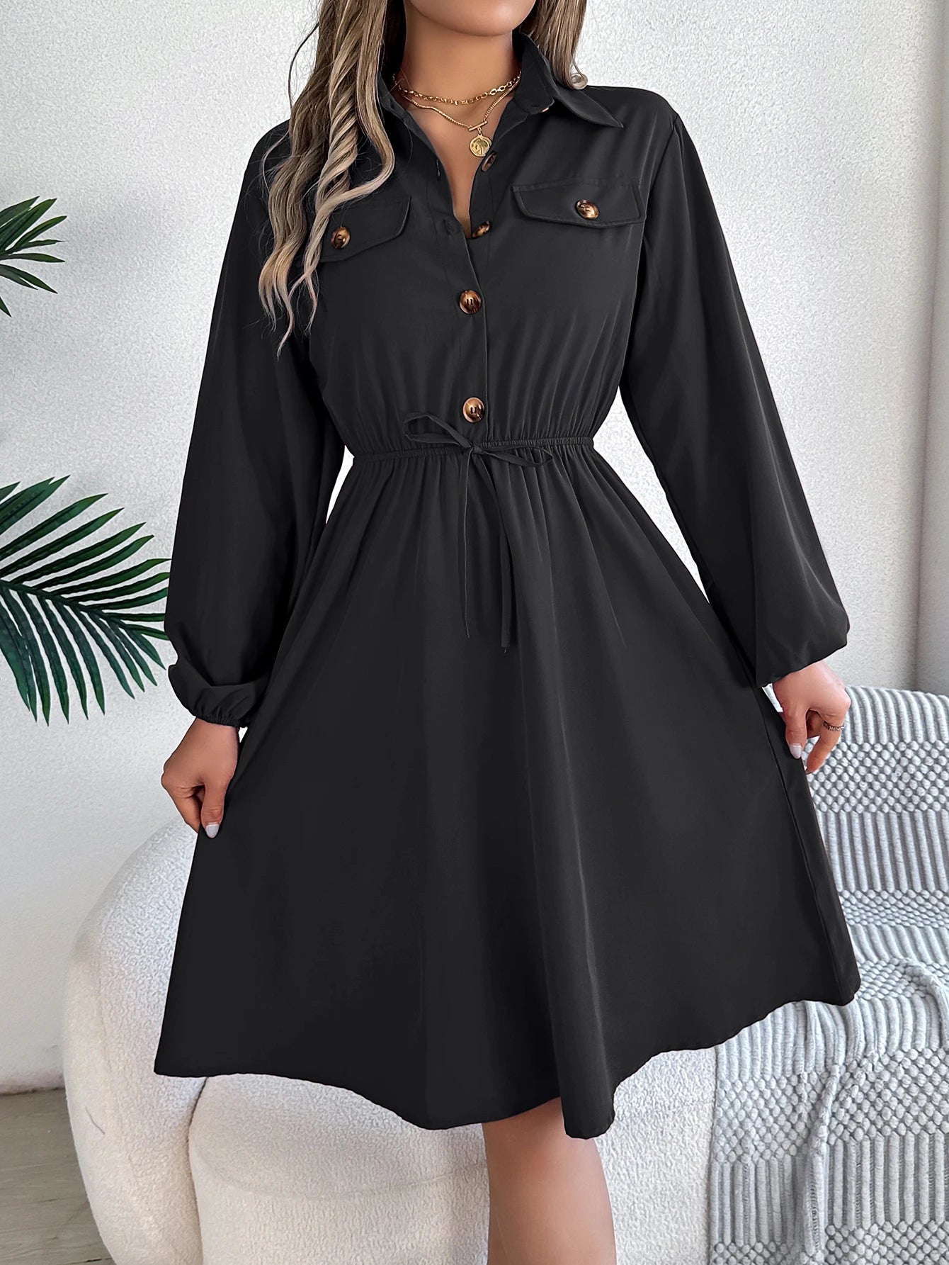 Autumn Winter Dresses for Women Casual Solid Color Button Tie Up Long sleeved Shirt Dress Blue  Green Black Red Woman Clothing
