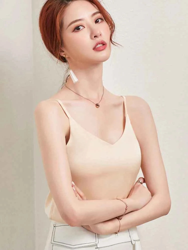 Casual V-Neck Sexy Solid Satin Woman Camis Tank Tops Chiffon Sleeveless Camisole Top Halter Camis Tops