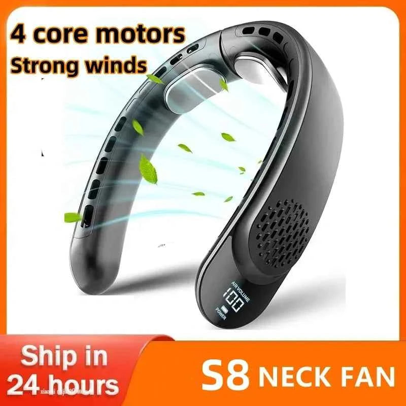 S8 Neck Fan 4 core motors Cooling Rechargeable Air Conditioning Fans Air Cooler 4000mAh Air Conditioner 3 Speed For Sports