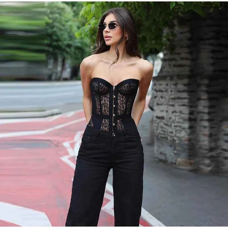 Sexy Women Black Lace Corset Vest Fashion See Through Hollow Out Strapless Top Chic Autumn 2025 New Party Lady High Street Vests