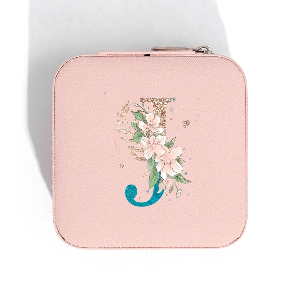 A-Z Alphabet Print Pink Travel Jewelry Organizer with Zipper Closure and Fabric Lining