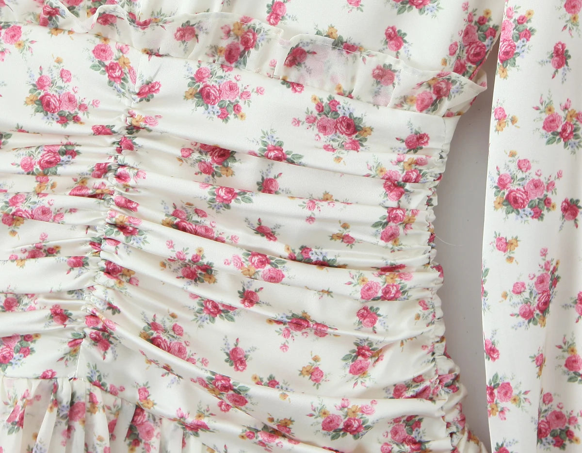 2025 Women White Pink Flower Print Puff Long Sleeve Dress Open Buttons Wood ears Ruffles Hem Mini Shirt Dresses Holiday Robe