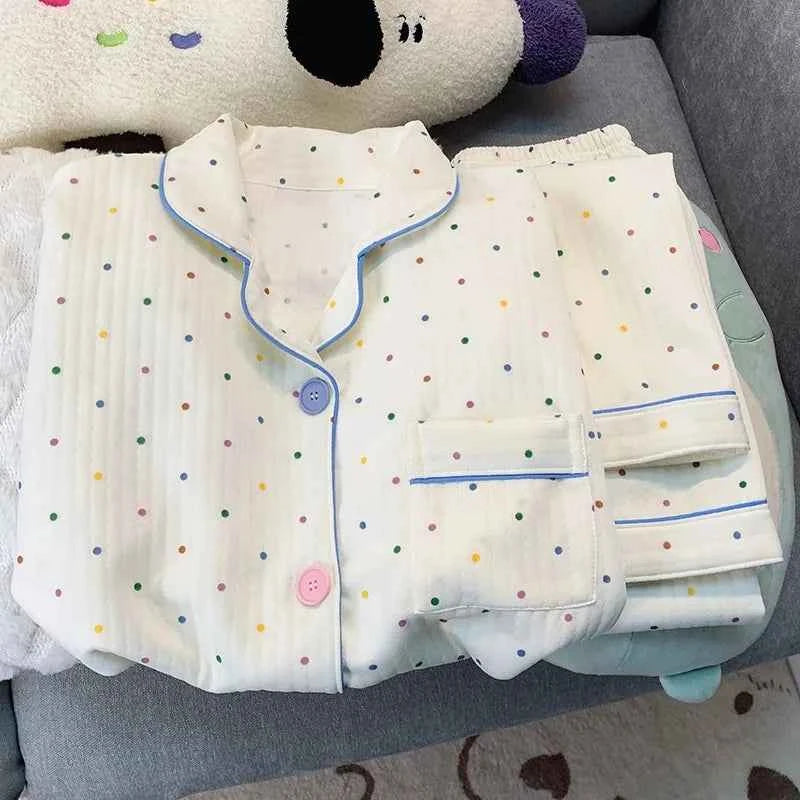 Korean Style Colourful Dot Women's Sleepwear Set 2025 Autumn Winter New Pajamas Set Cute Lapel Neck Casual Homewear 2PC Suit