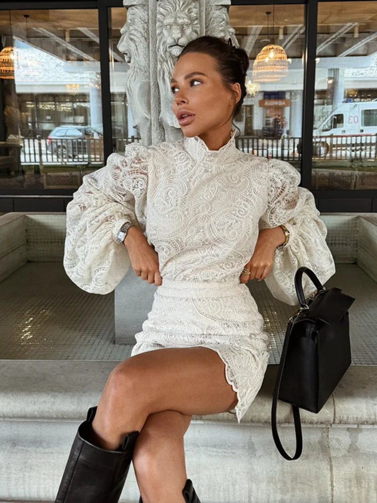 White Lace Dresses Elegant Solid Flared Sleeve High Neck Slim Pleat Mini Women Dress 2026 New Fashion Club Evening  Party Robes