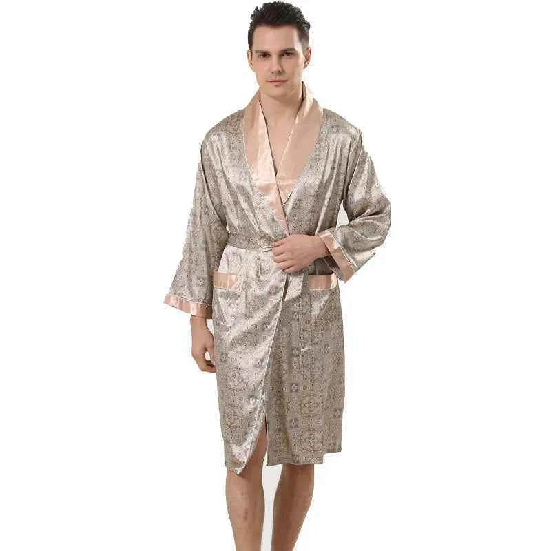 Plus Size 3XL 4XL 5XL Men Robe Sleepwear Navy Blue Stripe Kimono Bathrobe Gown with Pocket Summer Satin Home Clothes Lounge Wear