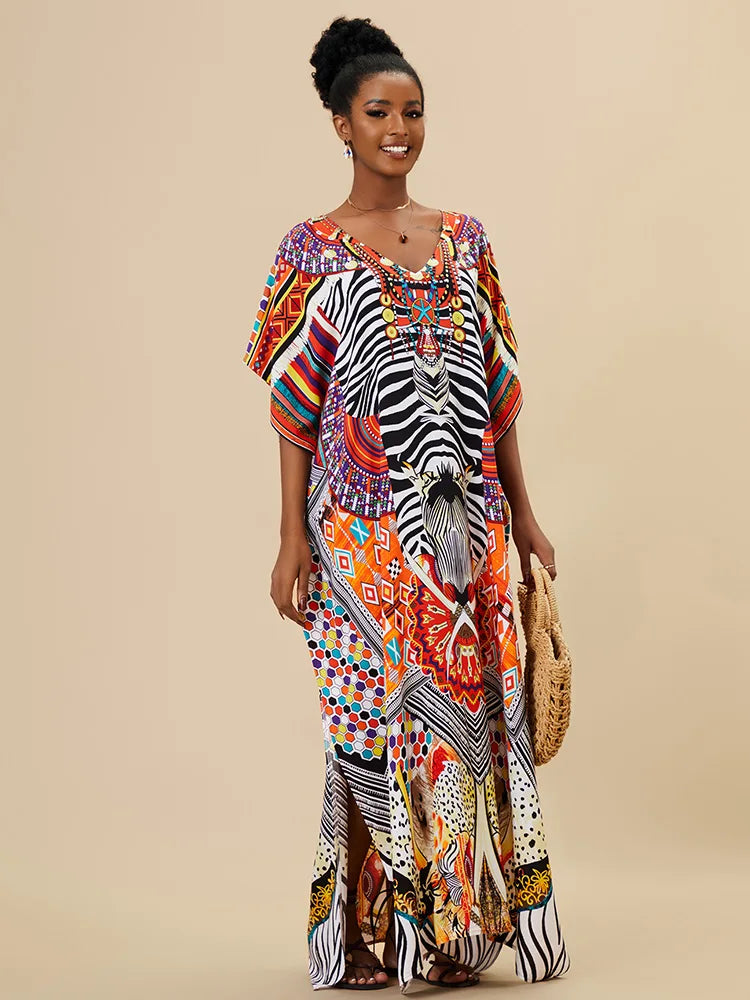EDOLYNSA 2023 Bohemian Printed Loose Kaftan Casual Summer Vacation Maxi Dress Women Clothing Beach Wear Swim Suit Cover Up Q1469