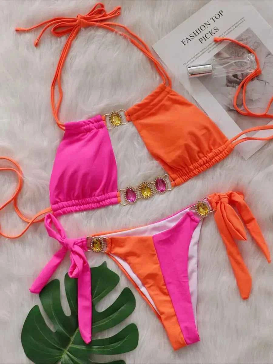 2026 Splicing Halter Diamond Bikini Women Swimsuit Female Swimwear Two Pieces Bikini Set Hollow Out Bathing Suit Swim Beach Wear