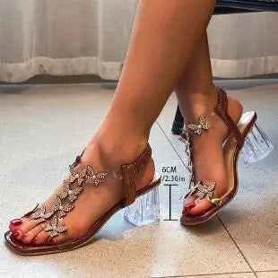 2024 Summer Rhinestone Butterfly Sandals, New Crystal and Fashion Transparent High Heels, Casual Street Women's Shoes