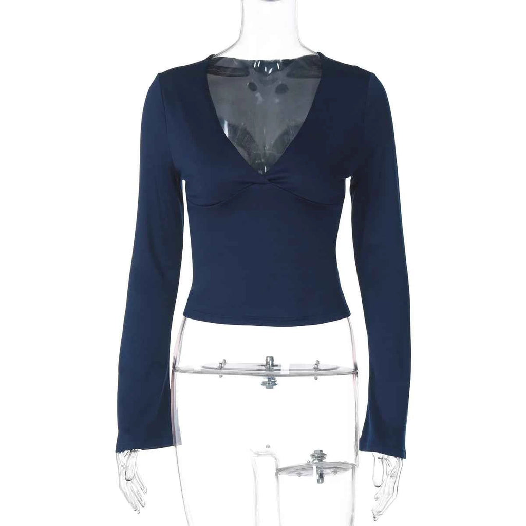 Dulzura Autumn Solid Sexy V-Neck Long Sleeves Slim Fit T-Shirt Women'S Casual Versatile Y2K Top Party Club Street Style Clothes