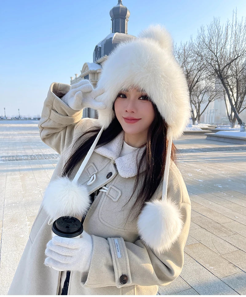 Winter Women Real Fox Fur Hat Fashion Casual Outdoor Warm Knitted Hats Girl Lovely 100% Natural Fox Fur Ear cap bomber caps